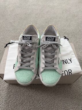 Golden Goose Women's Mint Green/Gray Suede Low-Top Sneakers—like new, worn once